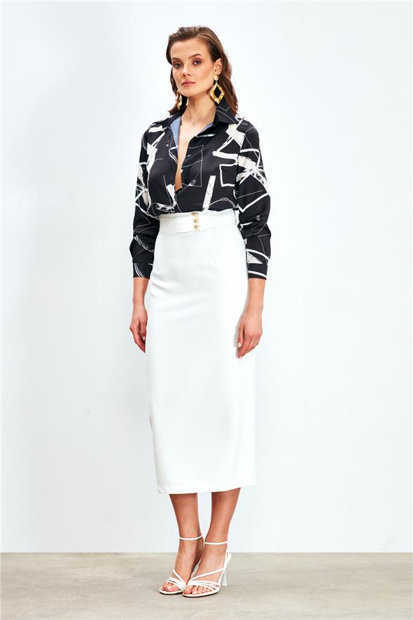 Düğme Detaylı Midi Etek - Ekru