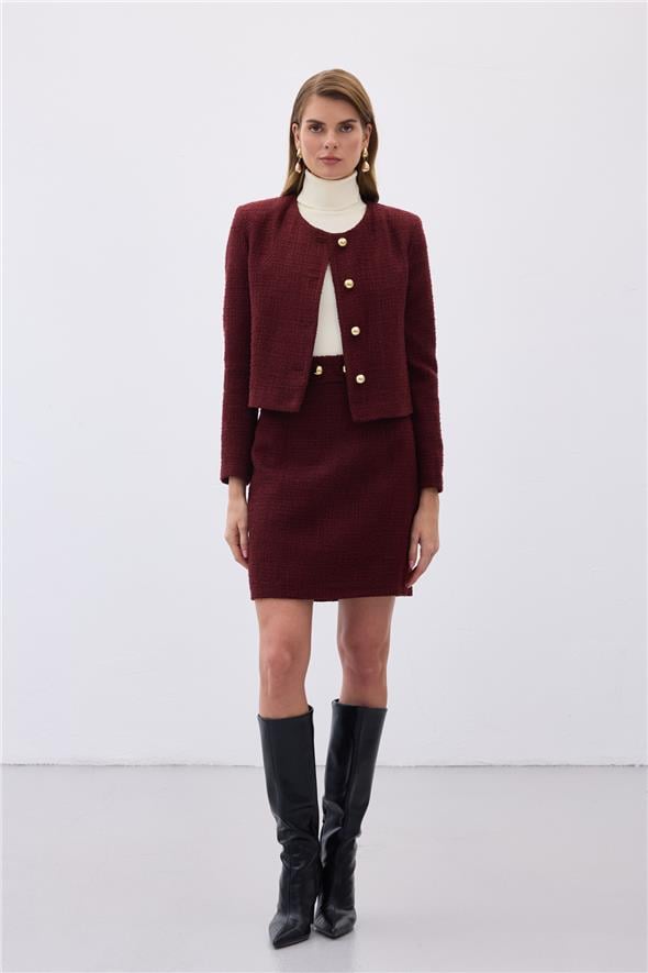 Düğme Detaylı Mini Tüvit Etek - Bordo