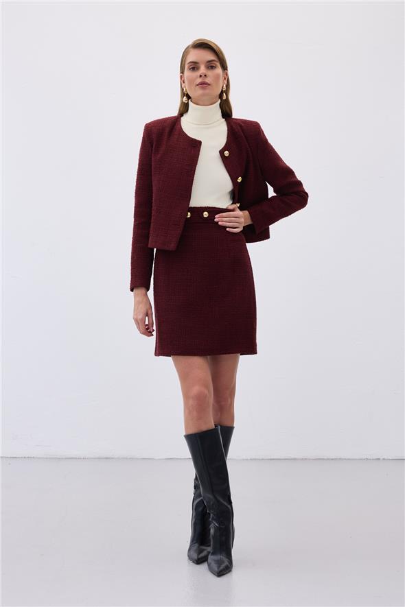 Düğme Detaylı Mini Tüvit Etek - Bordo