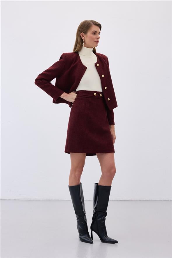 Düğme Detaylı Mini Tüvit Etek - Bordo