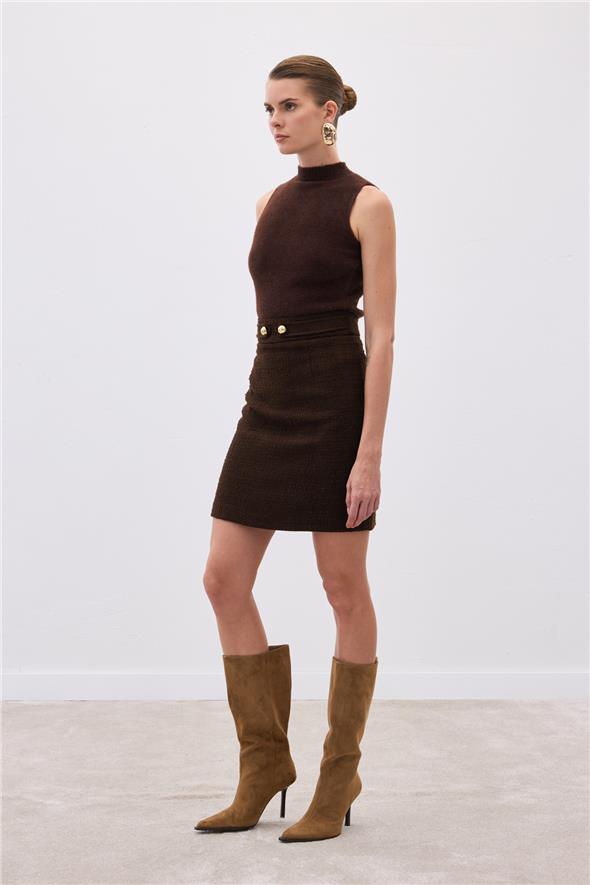 Düğme Detaylı Mini Tüvit Etek - Kahve