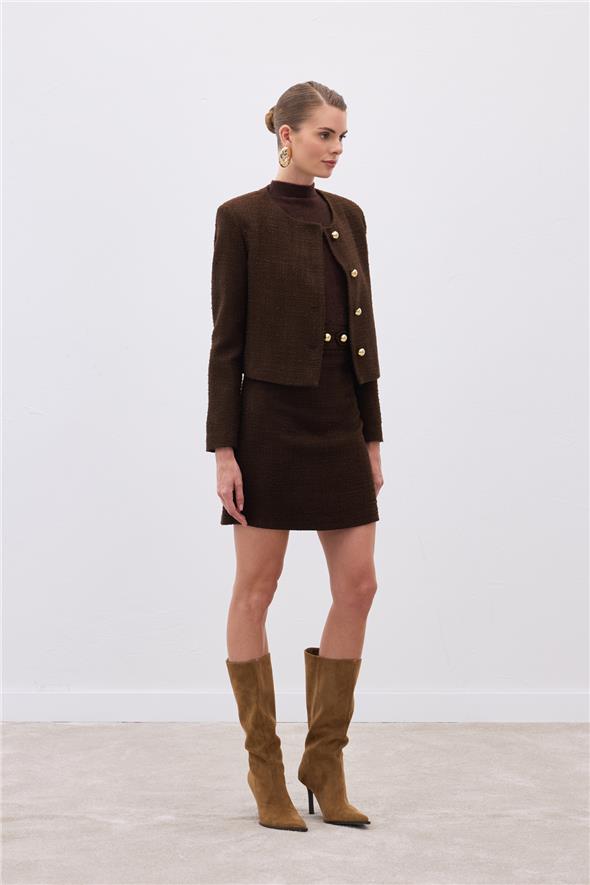 Düğme Detaylı Mini Tüvit Etek - Kahve