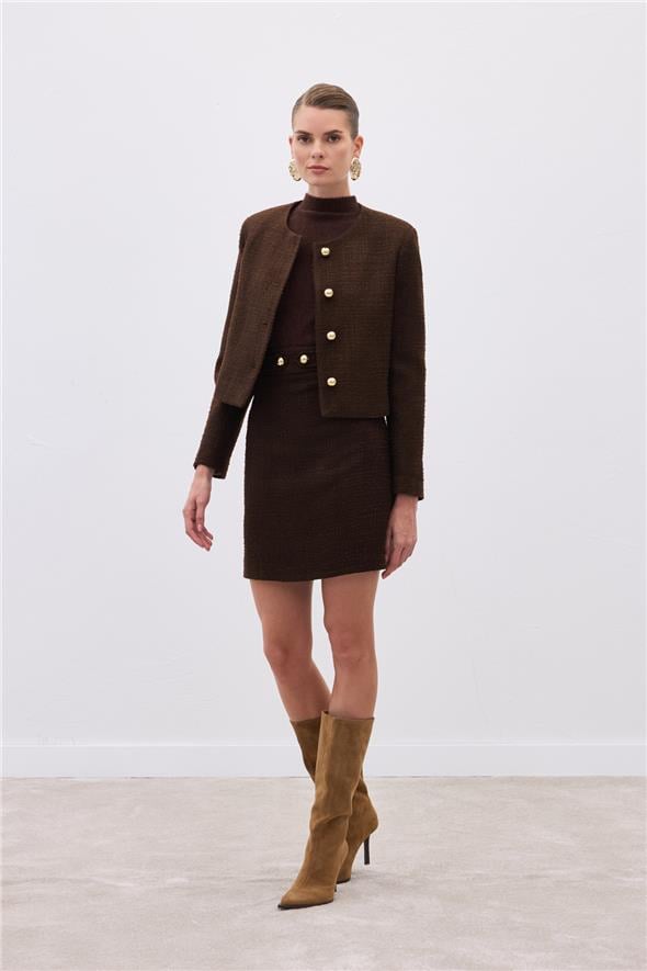 Düğme Detaylı Mini Tüvit Etek - Kahve