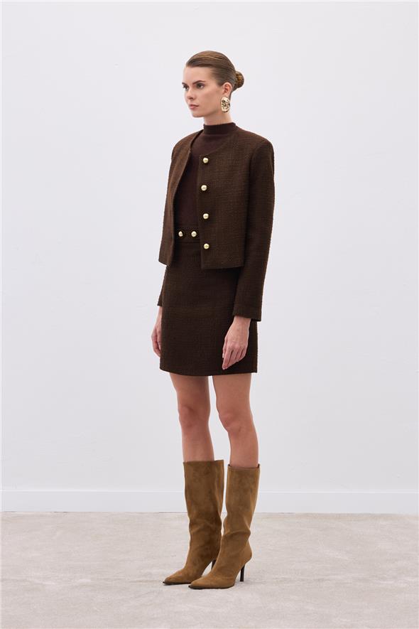 Düğme Detaylı Mini Tüvit Etek - Kahve