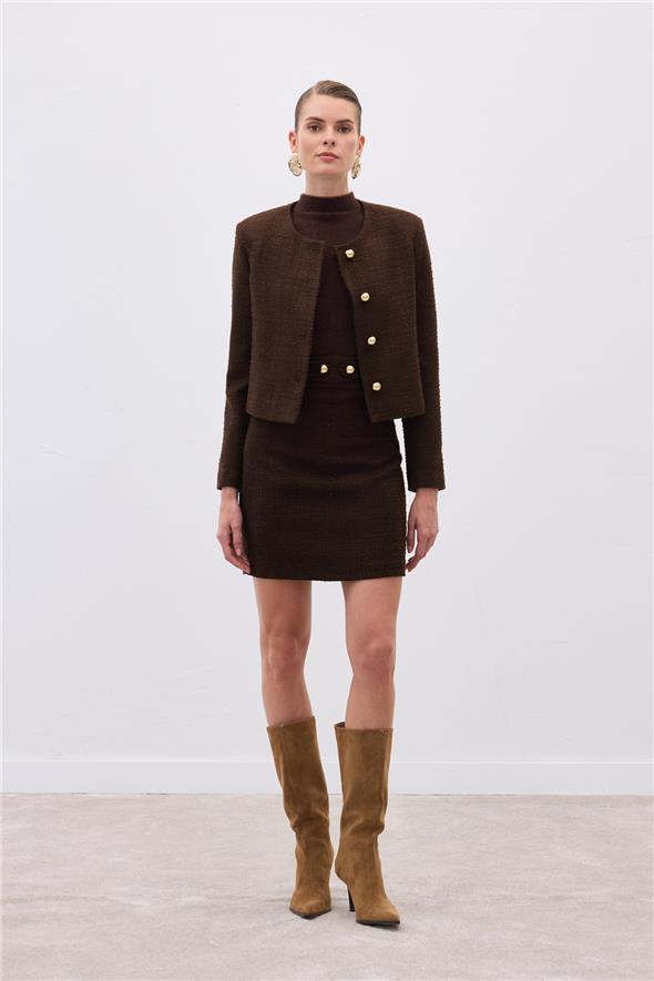 Düğme Detaylı Mini Tüvit Etek - Kahve