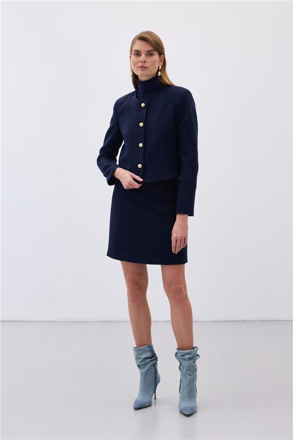 Düğme Detaylı Mini Tüvit Etek - Lacivert