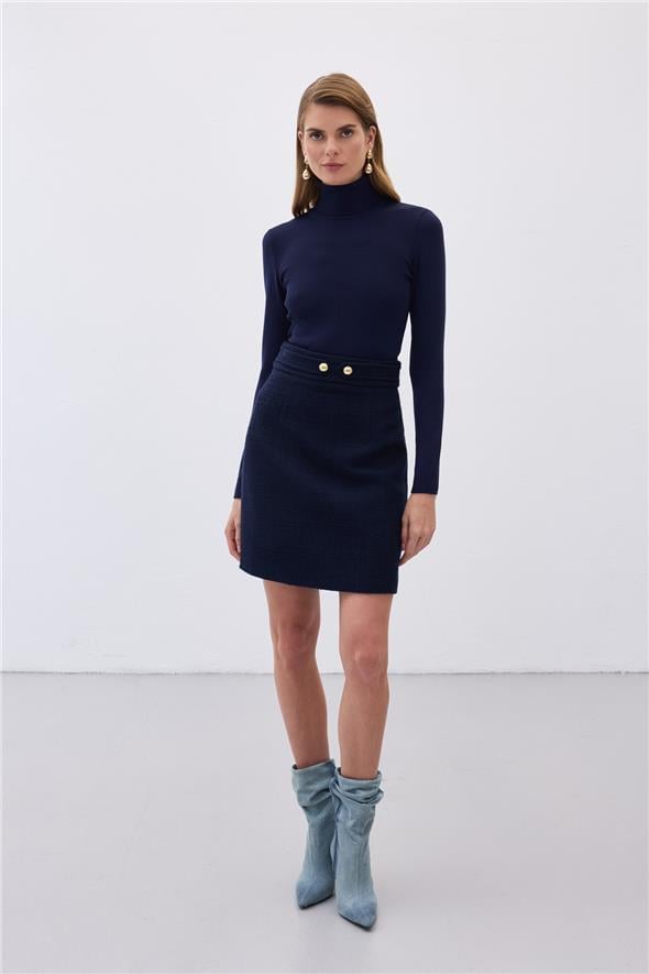 Düğme Detaylı Mini Tüvit Etek - Lacivert