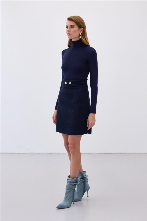 Düğme Detaylı Mini Tüvit Etek - Lacivert