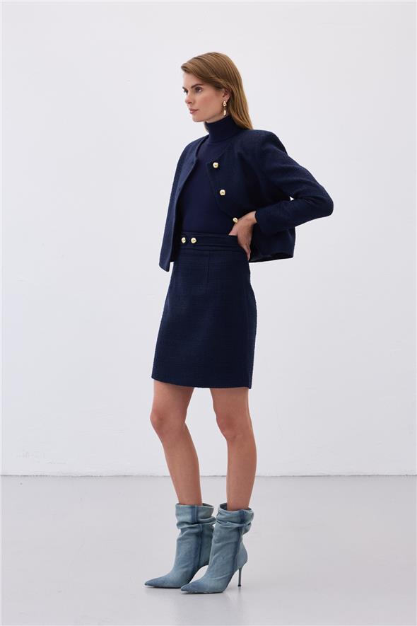 Düğme Detaylı Mini Tüvit Etek - Lacivert