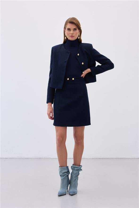 Düğme Detaylı Mini Tüvit Etek - Lacivert
