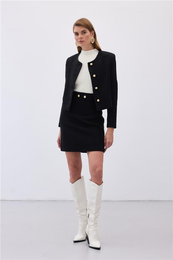 Düğme Detaylı Mini Tüvit Etek - Siyah