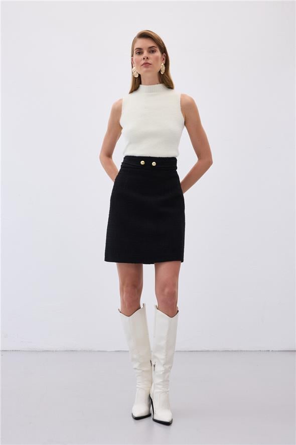 Düğme Detaylı Mini Tüvit Etek - Siyah