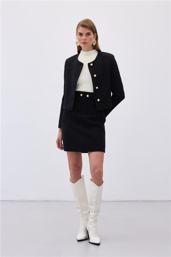 Düğme Detaylı Mini Tüvit Etek - Siyah