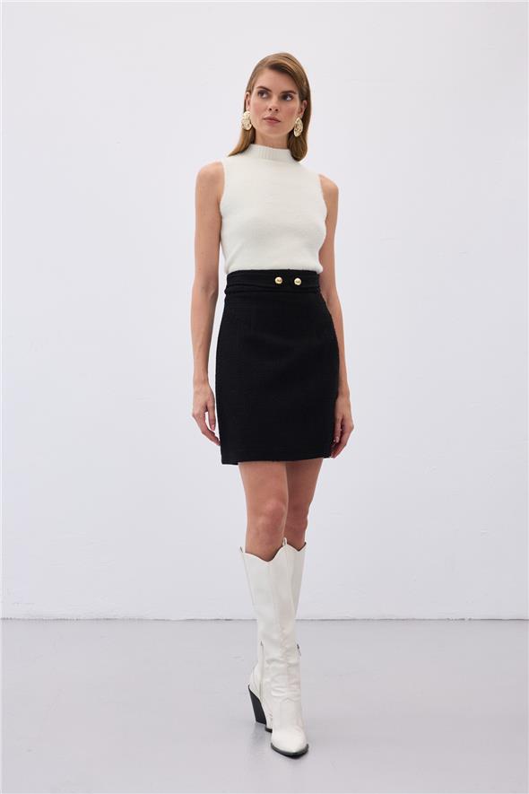 Düğme Detaylı Mini Tüvit Etek - Siyah