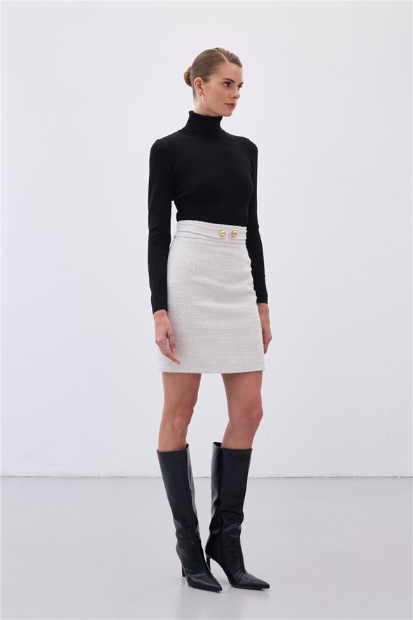Düğme Detaylı Mini Tüvit Etek - Taş