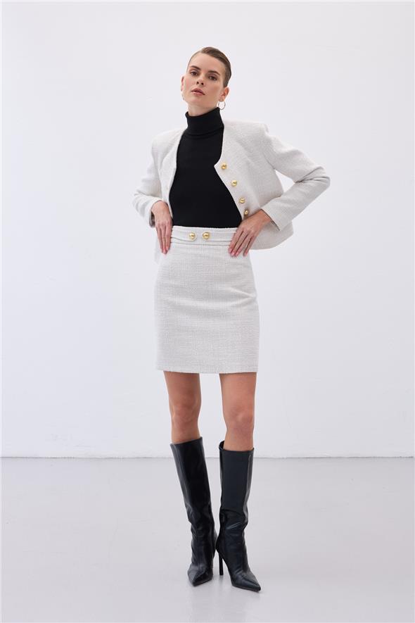 Düğme Detaylı Mini Tüvit Etek - Taş