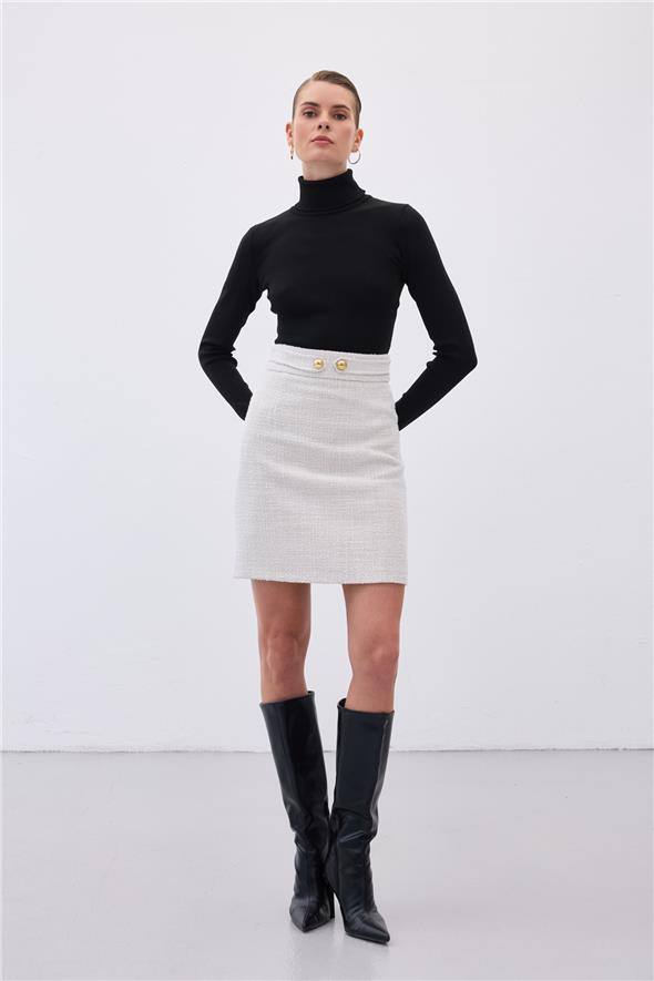 Düğme Detaylı Mini Tüvit Etek - Taş