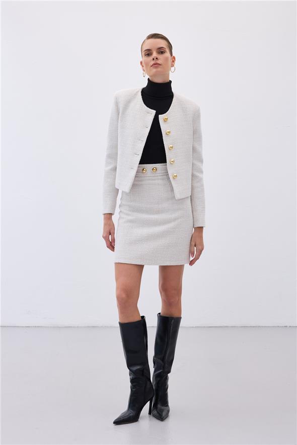 Düğme Detaylı Mini Tüvit Etek - Taş