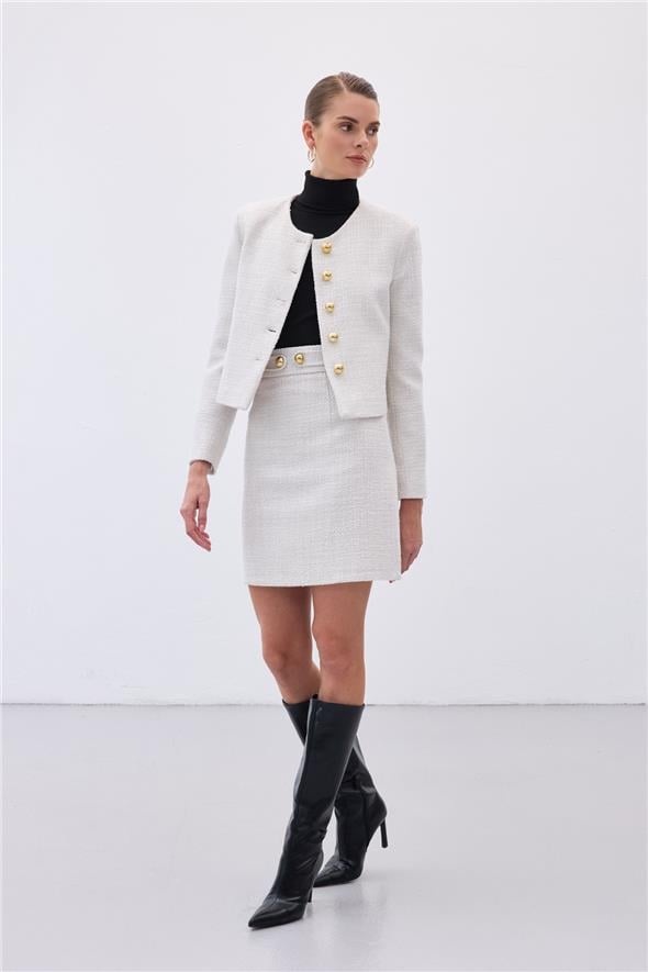 Düğme Detaylı Mini Tüvit Etek - Taş