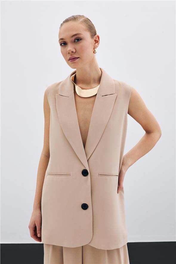 Düğme Detaylı Salaş Yelek - Bej