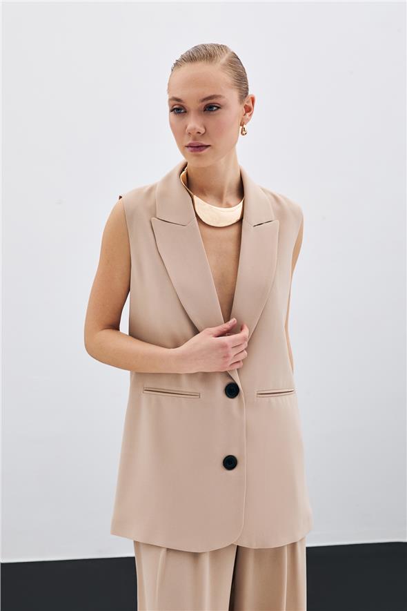 Düğme Detaylı Salaş Yelek - Bej