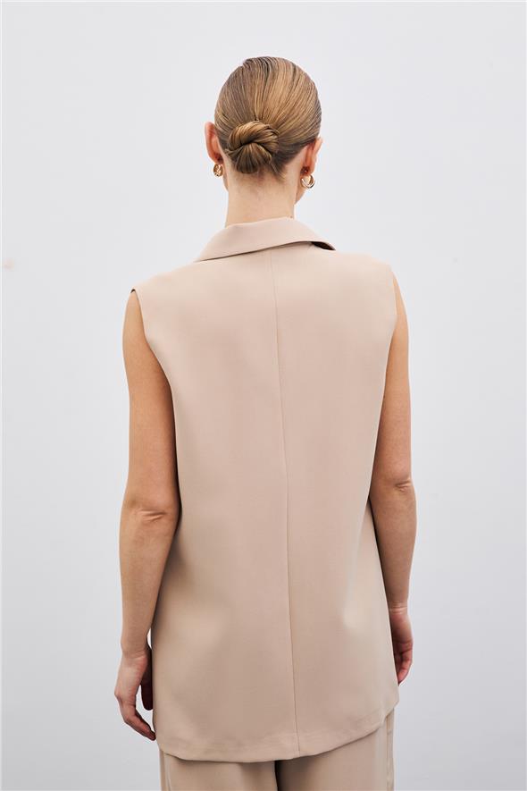 Düğme Detaylı Salaş Yelek - Bej