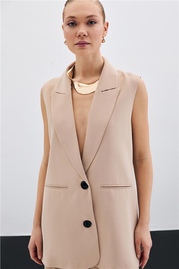 Düğme Detaylı Salaş Yelek - Bej