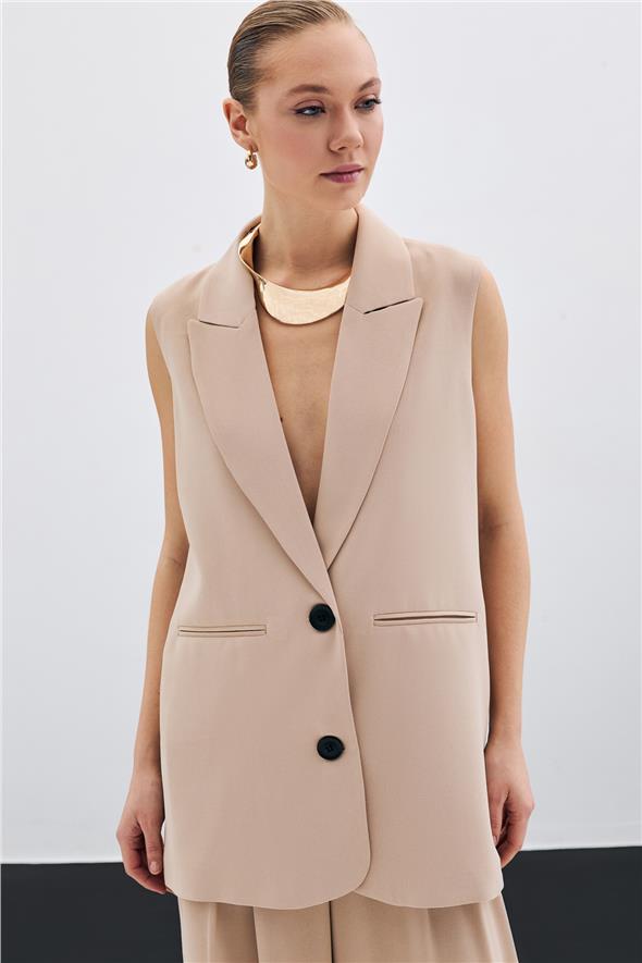 Düğme Detaylı Salaş Yelek - Bej