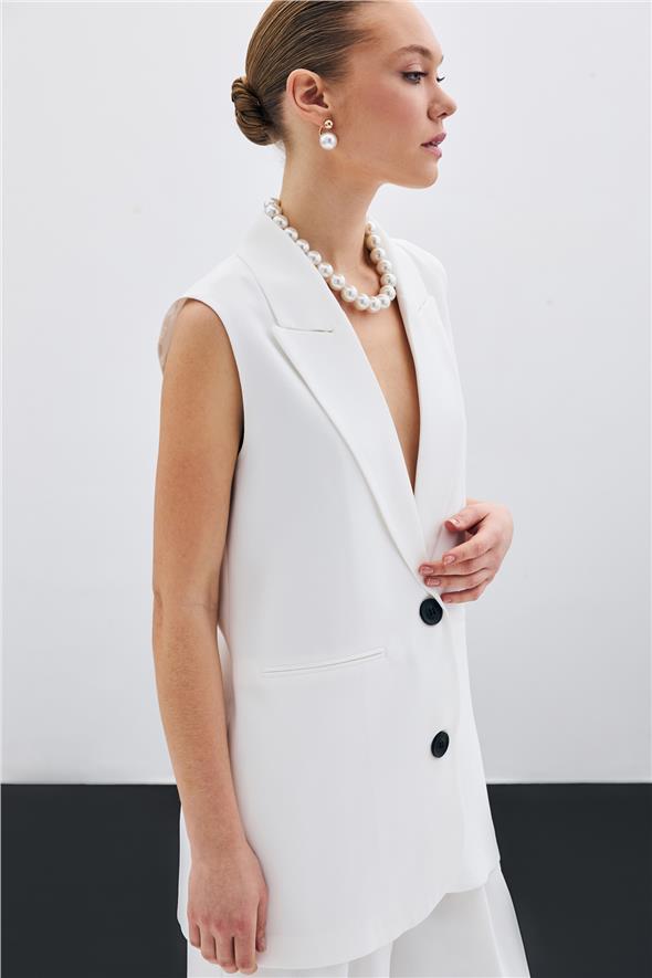 Düğme Detaylı Salaş Yelek - Ekru