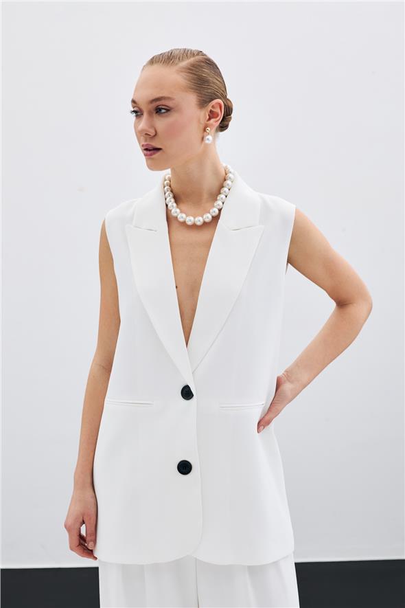 Düğme Detaylı Salaş Yelek - Ekru