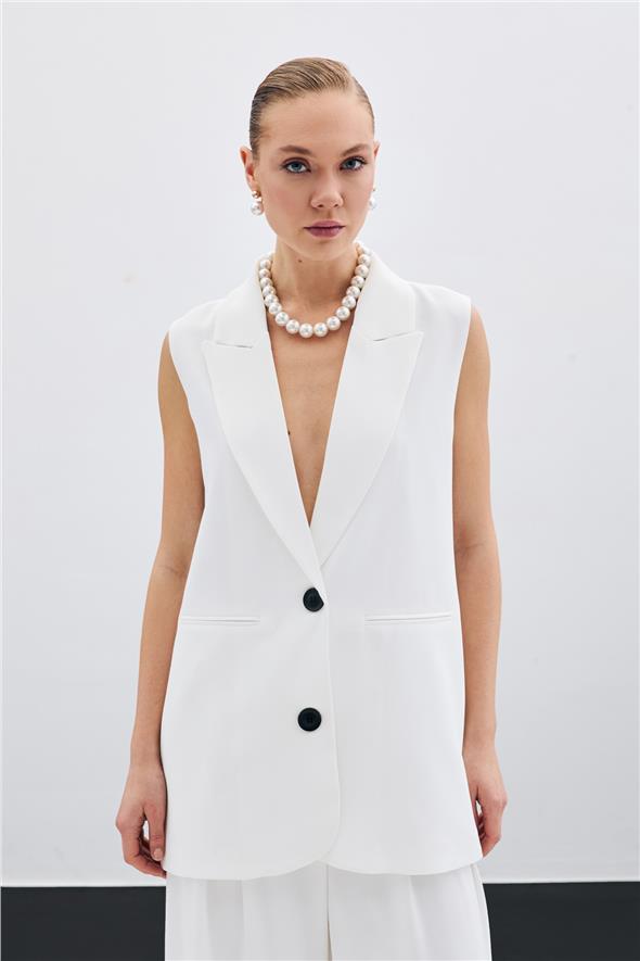 Düğme Detaylı Salaş Yelek - Ekru