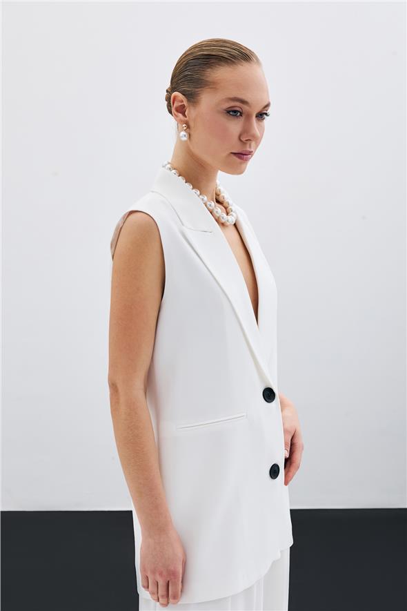 Düğme Detaylı Salaş Yelek - Ekru