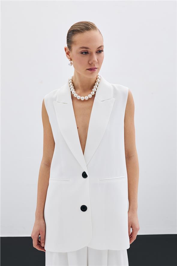 Düğme Detaylı Salaş Yelek - Ekru