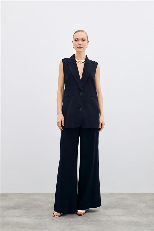 Düğme Detaylı Salaş Yelek - Lacivert