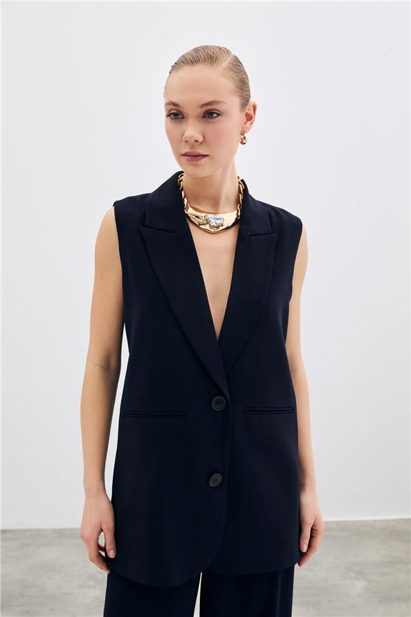 Düğme Detaylı Salaş Yelek - Lacivert