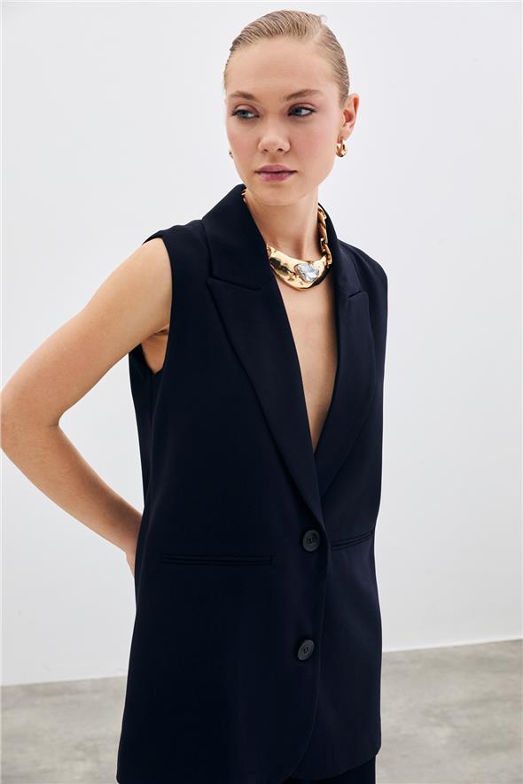 Düğme Detaylı Salaş Yelek - Lacivert