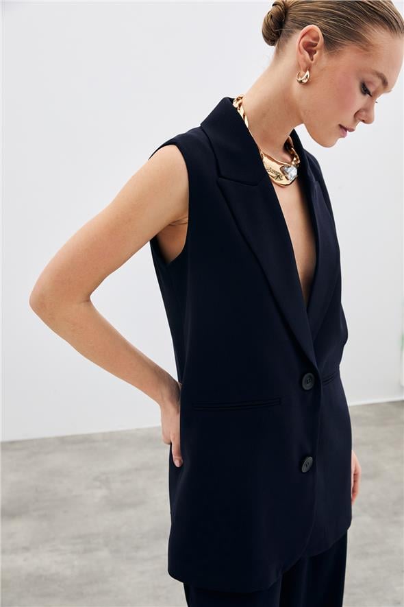 Düğme Detaylı Salaş Yelek - Lacivert