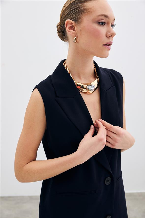 Düğme Detaylı Salaş Yelek - Lacivert