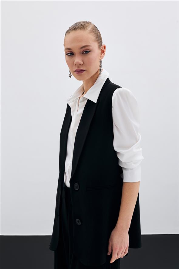 Düğme Detaylı Salaş Yelek - Siyah
