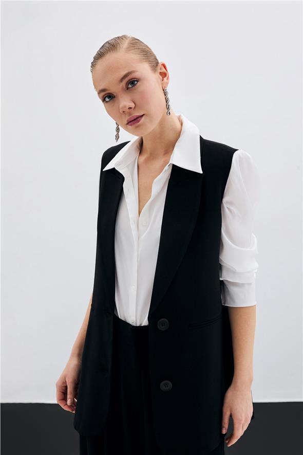 Düğme Detaylı Salaş Yelek - Siyah