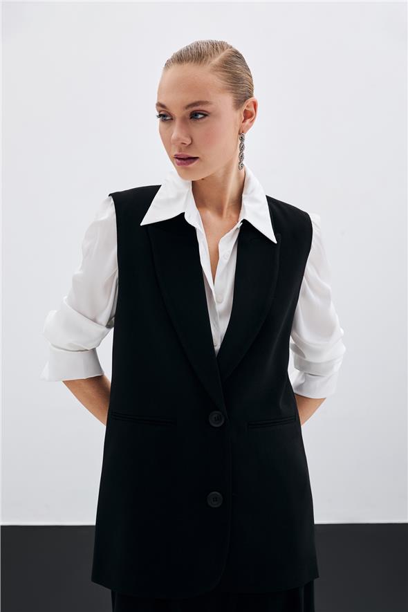 Düğme Detaylı Salaş Yelek - Siyah