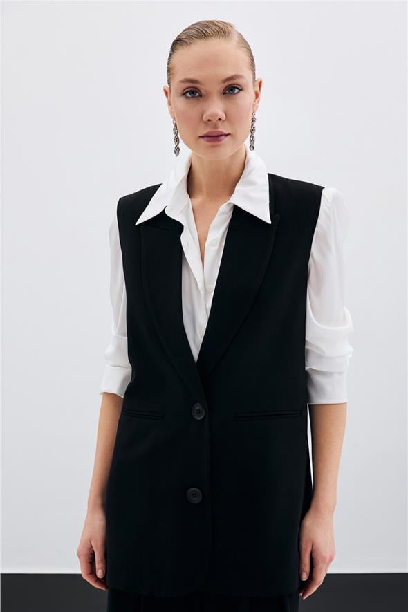 Düğme Detaylı Salaş Yelek - Siyah