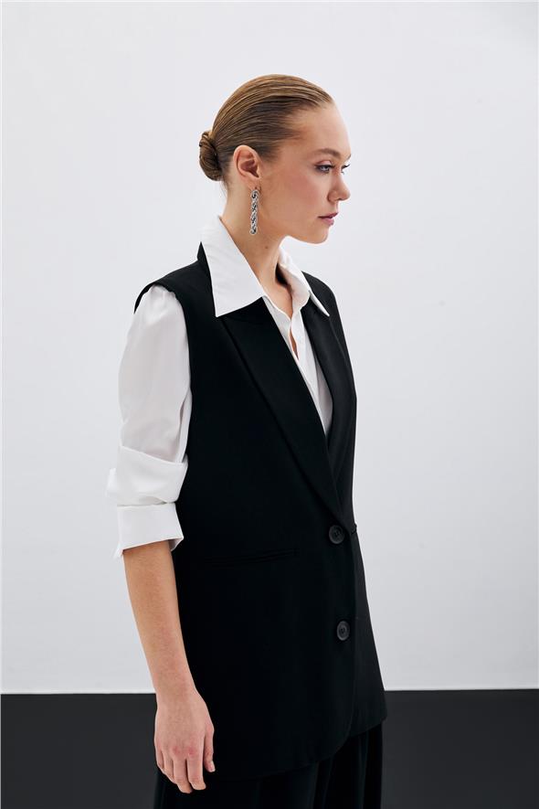 Düğme Detaylı Salaş Yelek - Siyah