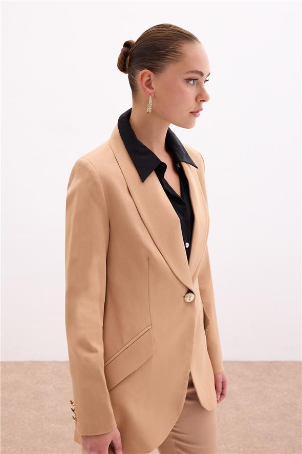 Düğme Detaylı Uzun Ceket - Camel