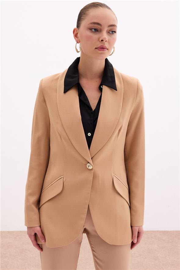 Düğme Detaylı Uzun Ceket - Camel