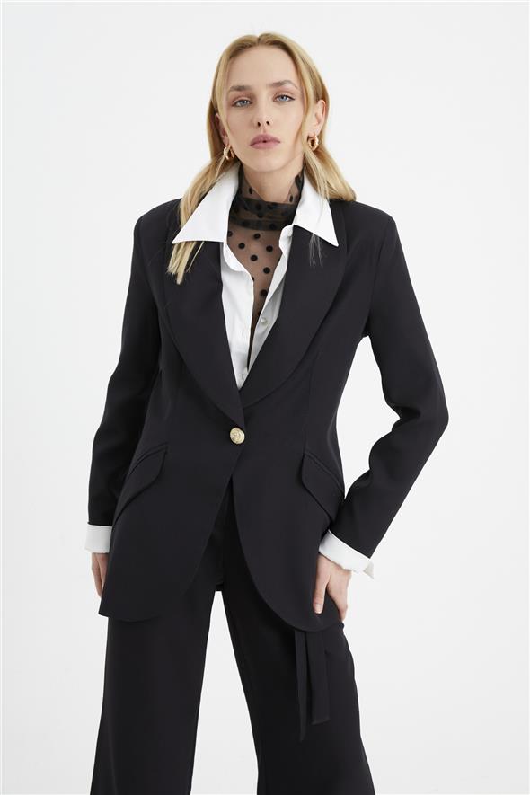 Düğme Detaylı Uzun Ceket - Siyah