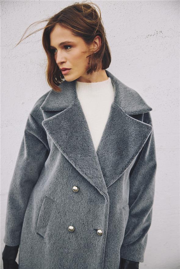 Düğme Detaylı Uzun Kaban - Antrasit