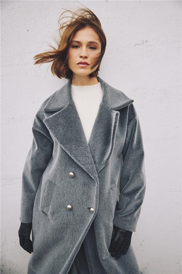 Düğme Detaylı Uzun Kaban - Antrasit