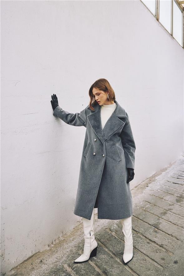 Düğme Detaylı Uzun Kaban - Antrasit