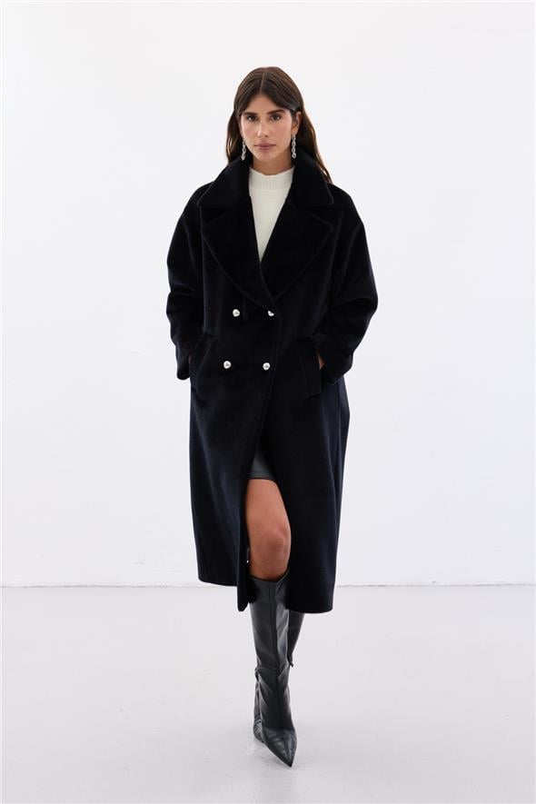 Düğme Detaylı Uzun Kaban - Siyah